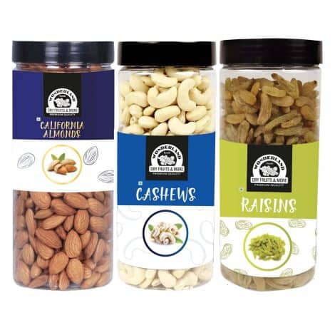 WONDERLAND FOODS (DEVICE) 1.5Kg Healthy Dry Fruits Combo Pack | Almonds, Cashews, Green Raisins Jar | Nutritious & Immunity Booster.