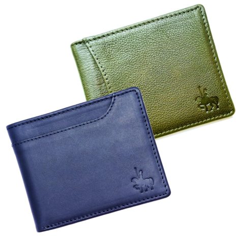 Handcrafted Genuine Leather Blue & Olive Combo RFID Slim Men’s Wallet with 6 Card Slots & 2 ID Slots.