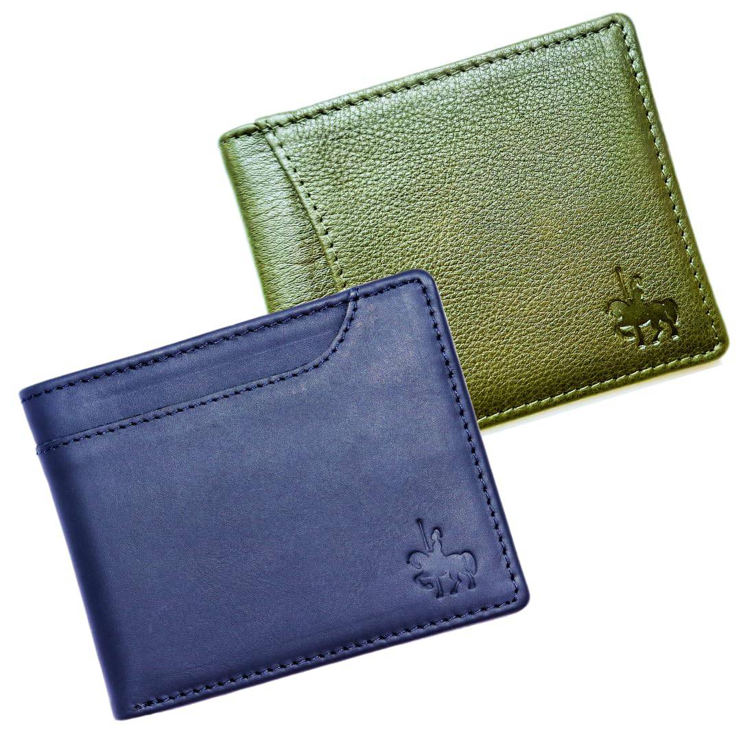 WARCRAFT Blue & Olive Combo Slim Wallet for Men RFID | Handmade| Genuine Leather | Bifold | with 6 Card Slots| 2 ID Slots