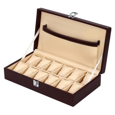 Brown PU Leather Watch Storage Box for Men and Women, 12 Slots, ideal for organizing and displaying accessories.