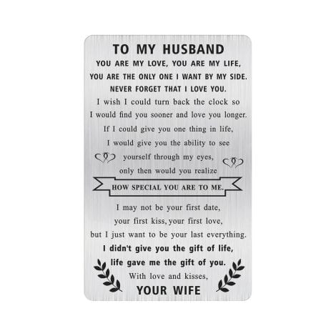 Engraved Wallet Card for Husband, a special gift from wife. (Indian audience, under 16 words)