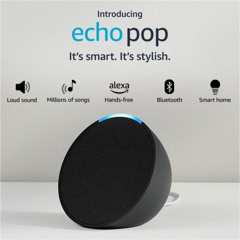 Amazon Echo Pop: Smart speaker with Alexa and Bluetooth, powerful audio, rich bass, clear vocals, stylish black design.