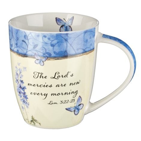 Christian Art Gifts Bible Verse Mug for Women, Butterfly Scripture Mug with Blue Flowers, The Lord’s Mercies Lamentations 3:22-23 Mug, Inspirational Coffee Cup and Christian Gift (12 oz Ceramic Cup) – available for Indian consumers.