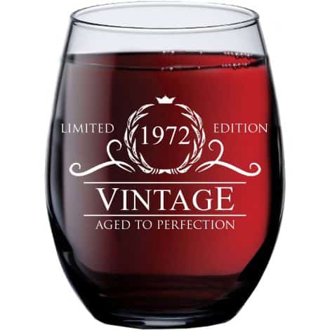 Humor-filled Home Goods! Perfect 50th birthday gifts for Indian parents. Funny, vintage, personalized stemless wine glass.