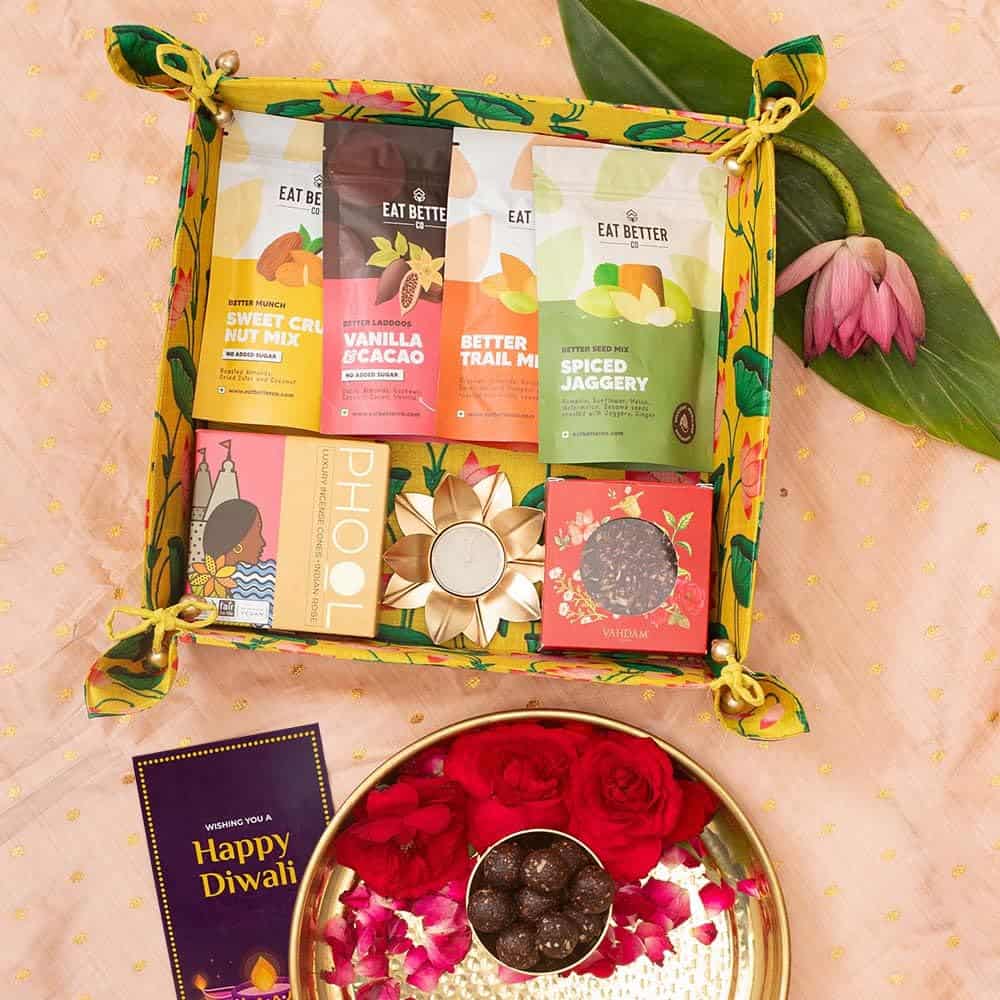 Diwali Gift Hamper in Pichwai Art Fabric Tray - 10 Diwali Gift Items Combo | Diwali Dry Fruits Gift Box, Diwali Gifts for Family and Friends – Diwali Gift Box – Best Diwali Hampers for Gifting