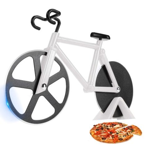 Funny kitchen gadget, cool gift for Indian cyclists, white stainless steel bicycle pizza cutter wheel.