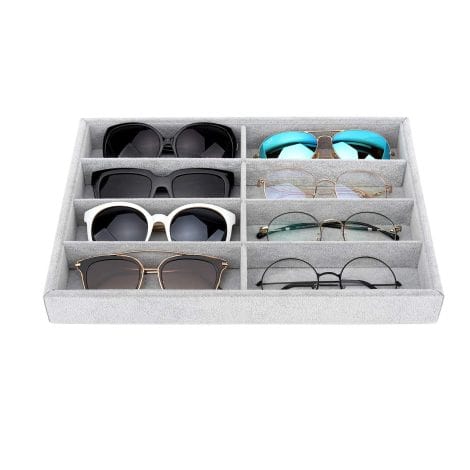 Grey velvet stackable jewelry tray with 8 compartments, ideal for organizing glasses and watches.