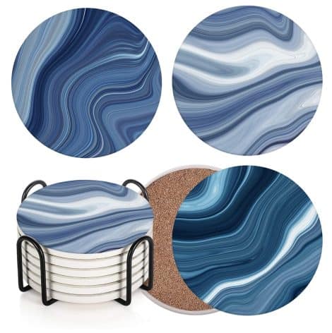 6 beautiful vintage coasters with a blue marble design, made of ceramic with a cork base and metal holder. Perfect housewarming gift for an Indian consumer.