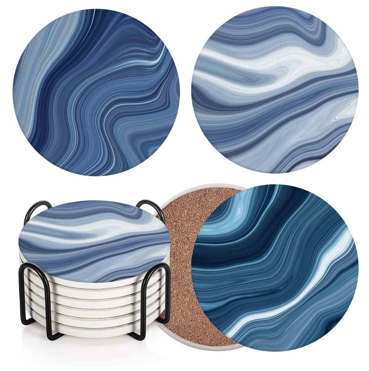 Coaster for Drinks Set of 6, Vintage Retro Colorful Blue Marble Absorbent Round Ceramic Stone Mat, with Cork Base and Metal Holder, Gift for Housewarming Room Bar Decor