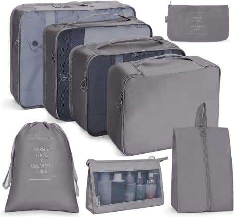 AVENUX 8 Piece Travel Packing Cubes, Space-Saving Bags for Luggage, Organizers for Clothes, Toiletries, and Shoes. (8 pieces, Grey, Nylon)