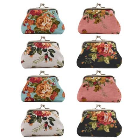 VIOCIWUO 8Pcs Retro Floral Coin Purses with Beautiful Rose Buckle, perfect Gift for Women, Girls, Kids. Available in white, black, pink, and blue.