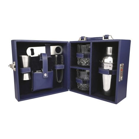 Complete bar accessories kit in a compact, stylish leatherette briefcase, perfect for picnics, travel, and cars. Includes blue whiskey glasses.