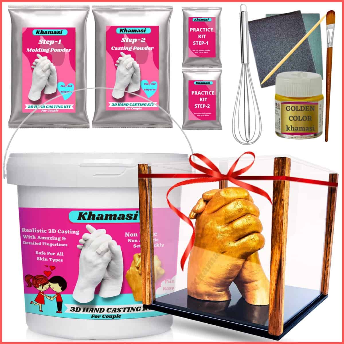 Khamasi 3D Couple Casting Kit Hand Casting Kit Casting Kit For Couples Hand Impression Kit Hand Mould Kit For Couples Spacial Anniversary Gift For Couple, Parents, Husband Hand Casting Kit Couples With Frame (Display Box) Molding Powder 500 Grm Casting Powder 1000 grm