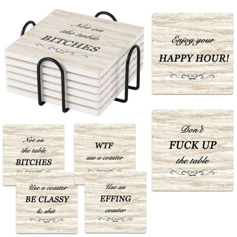 Hilarious Drink Coasters, Set of 6 Ceramic Coasters with Cork Base for Wooden Table. Housewarming/New Home Gift.