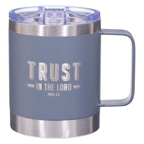 Christian Art Gifts Stainless Steel Grey Mug with Proverbs 3:5 – Camp Style Travel Mug for Indians.