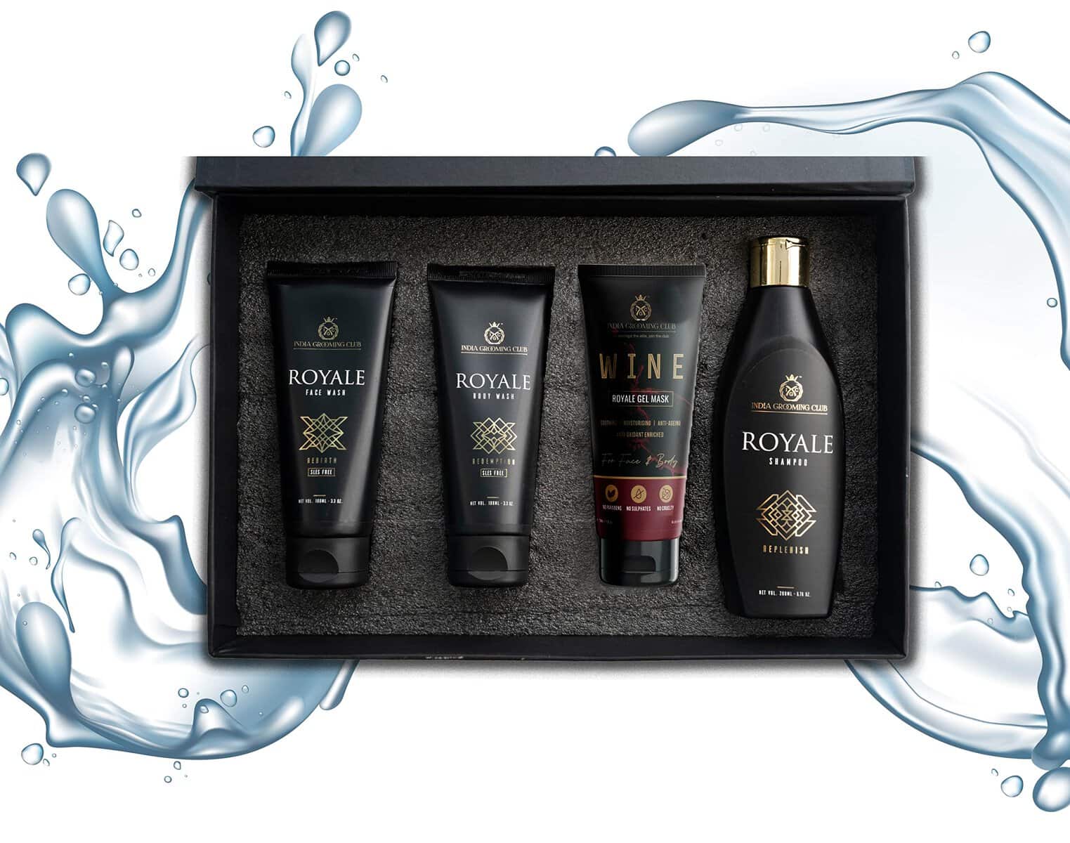 India Grooming Club Bath and Beyond- The Royale Grooming Experience Gift Box- Set of 4 with Face wash, Body Wash, Shampoo and Wine Gel Mask (from IGC)