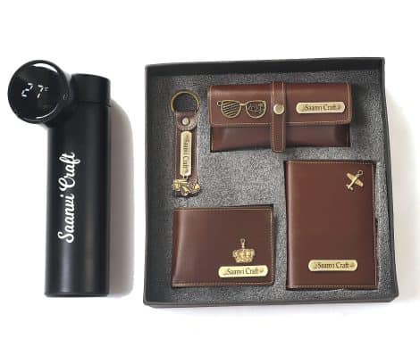 Personalized LED Flask Bottle, Passport Cover, Eye Wear Case, Wallet, and Keychain Combo – Perfect for Men, Birthday Gifts.