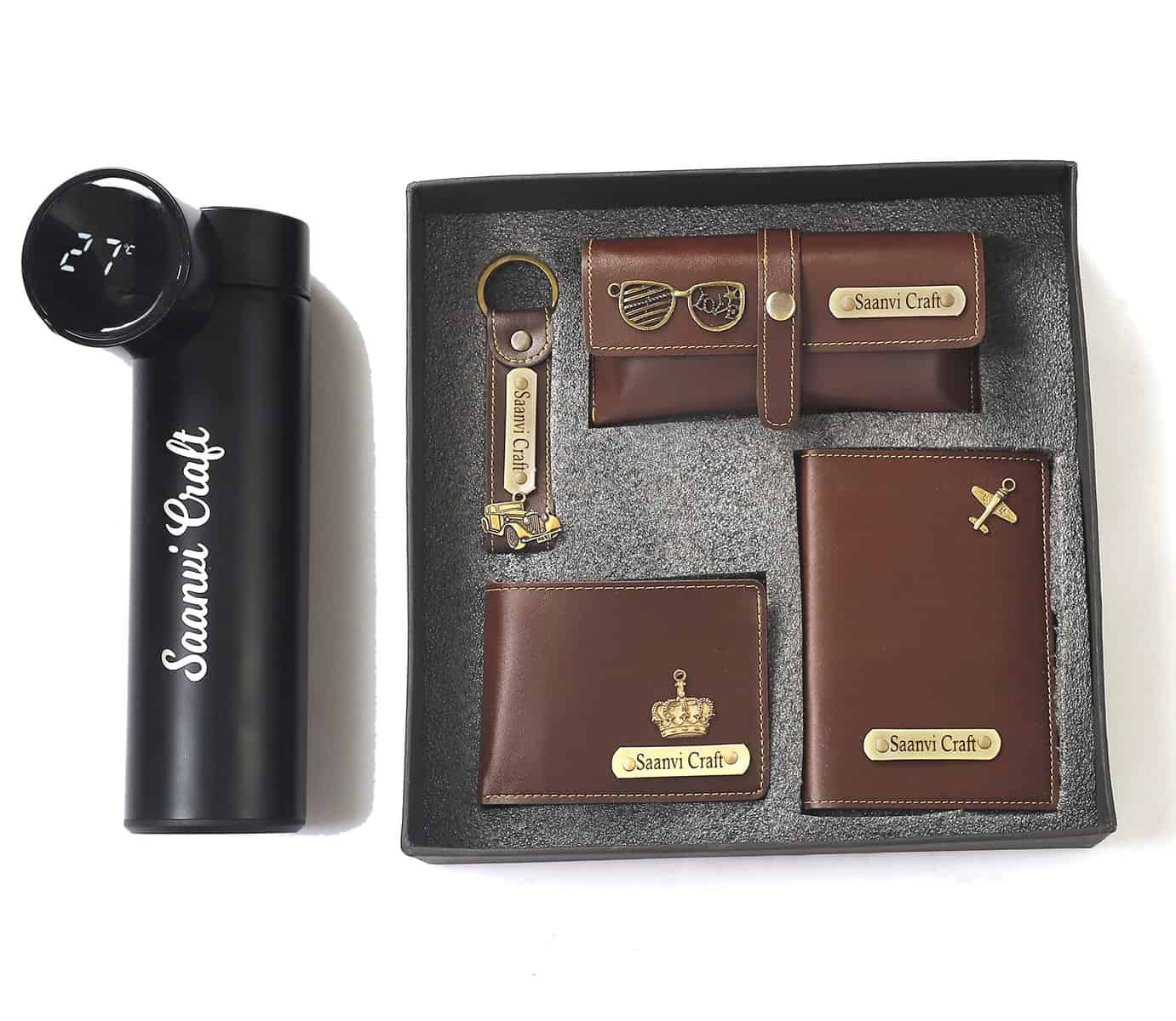 Saanvi Crafts Your Name Personalized 5 in 1 Engraved 1 LED Flask Bottle, Passport Cover with Wallet, Eye Wear Case, and Metal Keychain Combo - Men's Combo Accessories, Birthday Gifts