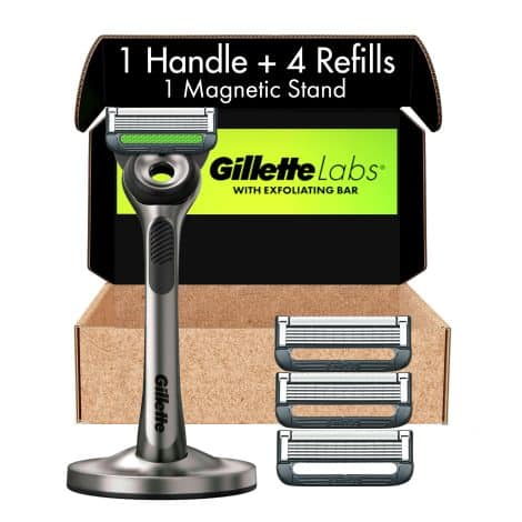 Gillette Men’s Razor Set with Exfoliating Bar, Including 1 Handle, 4 Blade Refills, and Stand.