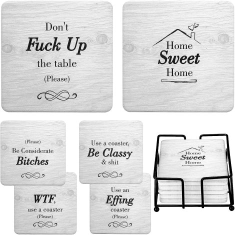 Hilarious Drink Coasters in Attractive Holder | Pack of 6 Funny Quotes | Perfect Gift for Friends, Housewarming, Birthdays!