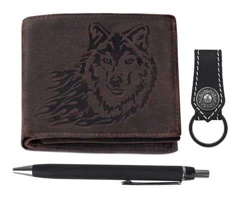 URBAN FOREST Classic Brown Leather Wallet, Keychain & Pen Combo Gift Set for Men.