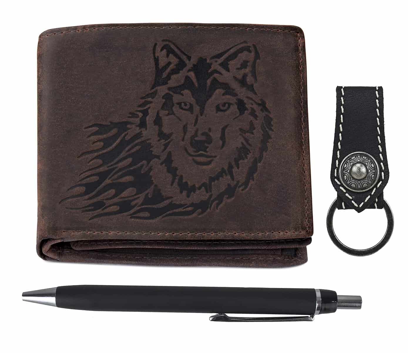 URBAN FOREST Ghost Vintage Brown Leather Wallet, Keychain & Pen Combo Gift Set for Men