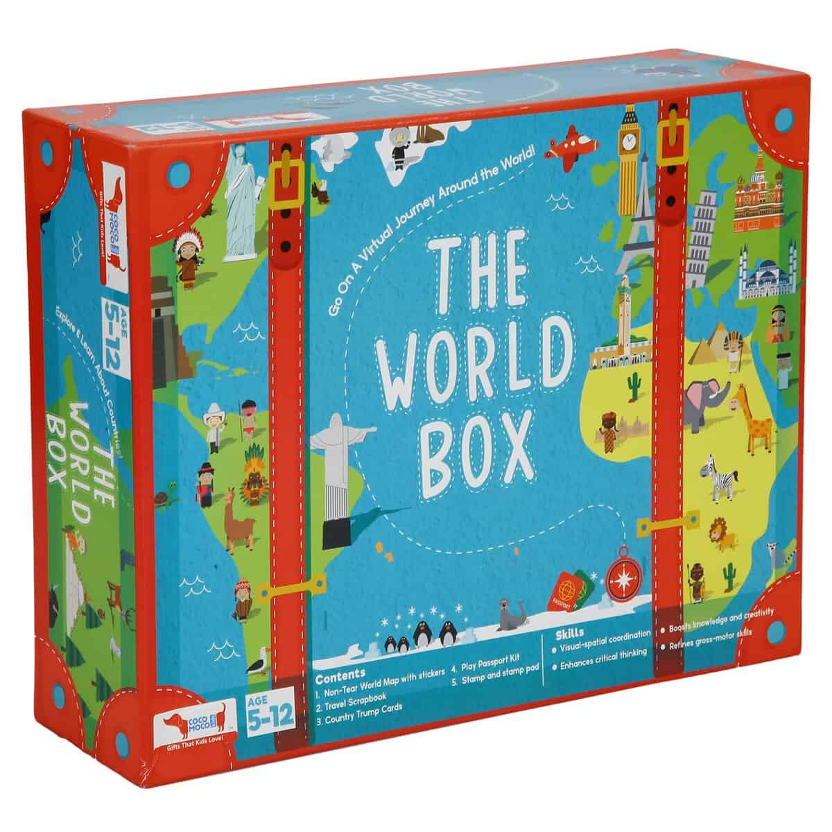 CocoMoco Kids Plastic World Box Learn Geography With Activity Box For Kids With World Map Activity Kit, Passport, Scrapbook, Country Trump Cards Educational Stem Toy, Multicolor