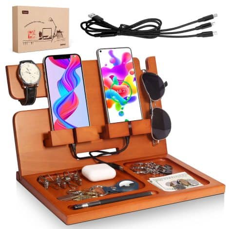 Wooden phone docking station and organizer for keys, wallets, watches. Perfect gift for men, fathers, and travel enthusiasts.