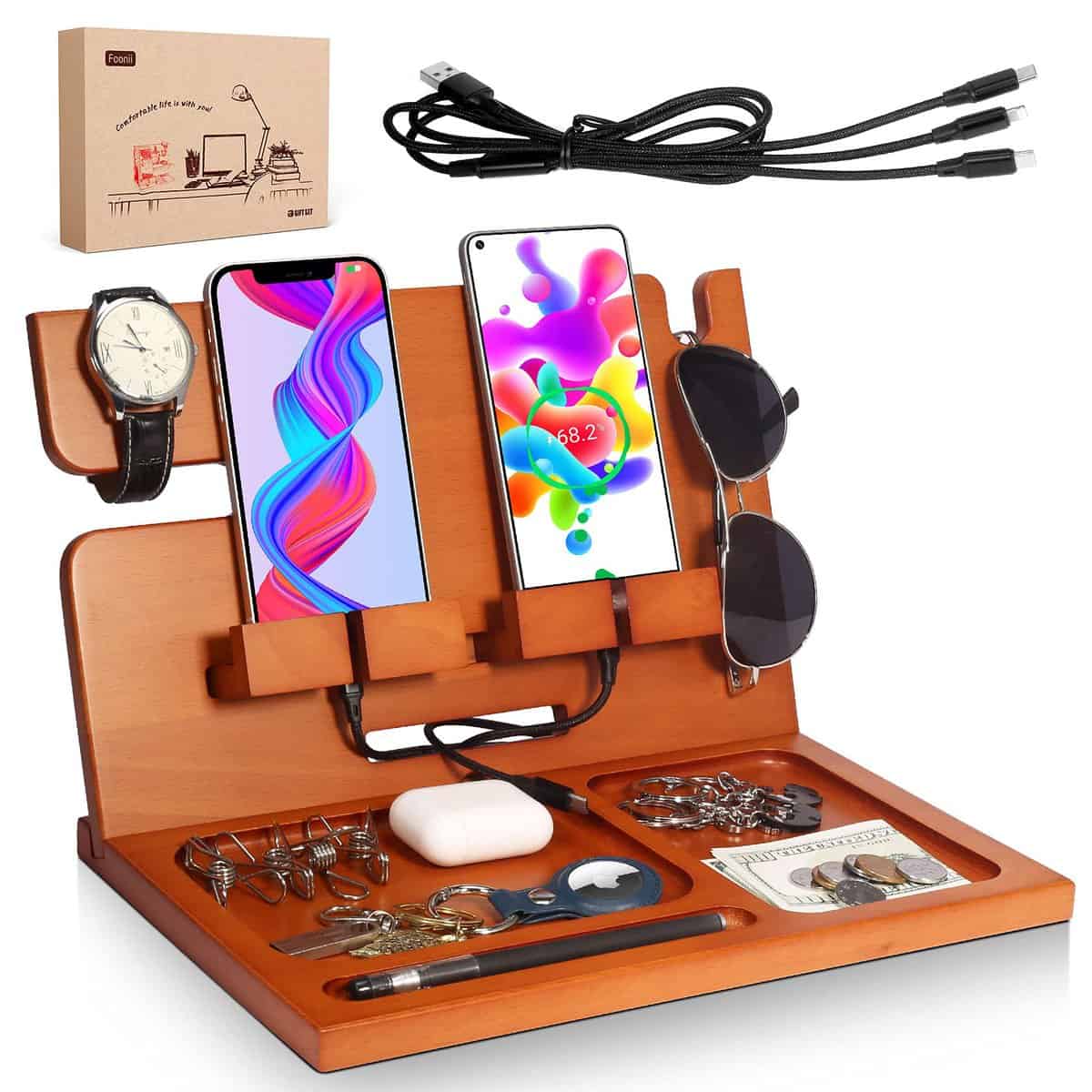 Wood Phone Docking Station Key Cell Phone Smartwatch Holder Wallet Stand Watch Organizer Men Husband Wife Anniversary Dad Birthday Gift Nightstand Purse Father Graduation Male Travel Idea Gadgets