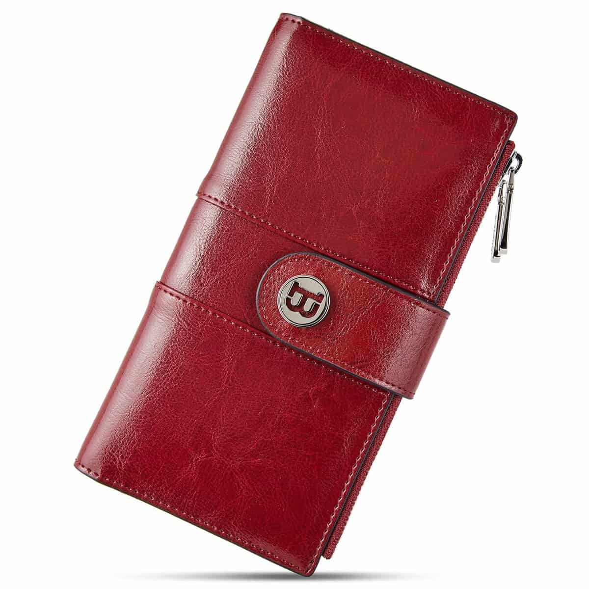 BOSTANTEN Womens Leather Wallets RFID Blocking Large Capacity Trifold Card Holder Ladies Phone Clutch, 3-Wine Red-Double Zipper, 7.48"(L) x 4.13"(W) x 0.39"(H), Retro