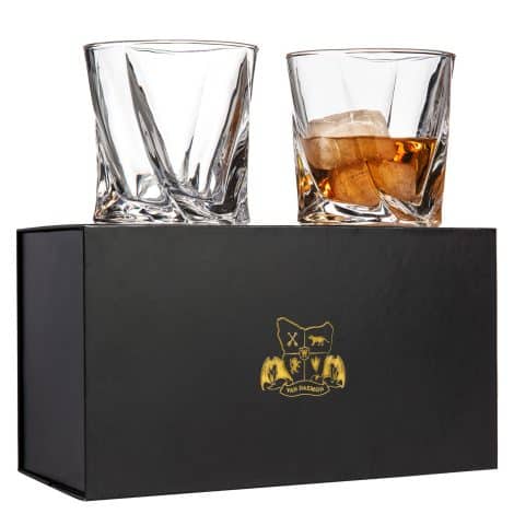 Van Daemon’s Twist Whiskey Glasses, a classy set of 2 ultra-clear 10oz rocks tumblers. Beautifully packaged for gifting.