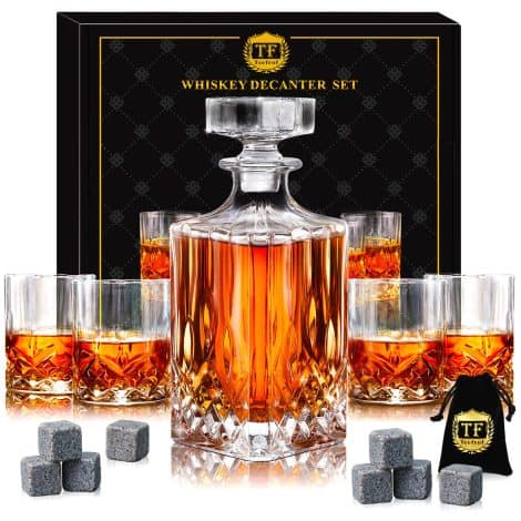 TEEFROF Whiskey Set: Crystal Decanter, 4 Glasses, 8 Whiskey Stones. Perfect Birthday Gift for Men, Boss, Husband.