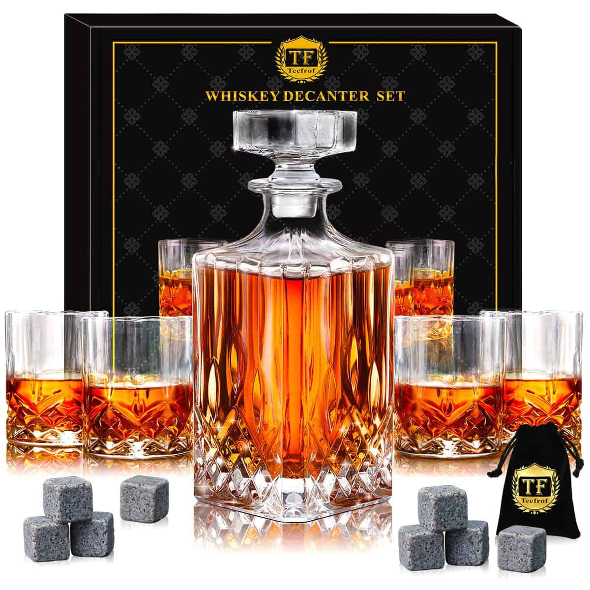 TEEFROF Whiskey Decanter Set With Glasses,Crystal Whiskey For Men With 4 Glasses And 8 Whiskey Stones,Liquor Decanter Of Birthday Gifts For Men Boss Husband,Bourbon Decanter Set For Home Bar