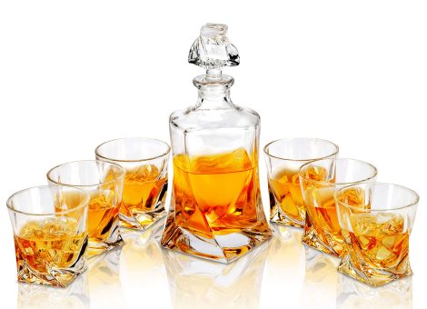 7-piece LANFULA Twist Whiskey Decanter Set, including 6 Scotch glasses. Ideal gift for celebrations.