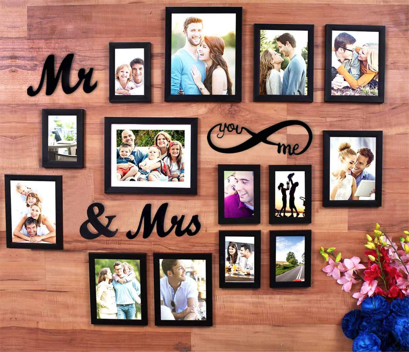 Art Street You Me Infinity - Mr & Mrs Set Of 14 Individual Black Wall Photo Frame For Couples And Wedding Gifts (Mix Size - 6-6X8, 6-4X6, 2-8X10) With Mdf Plaque