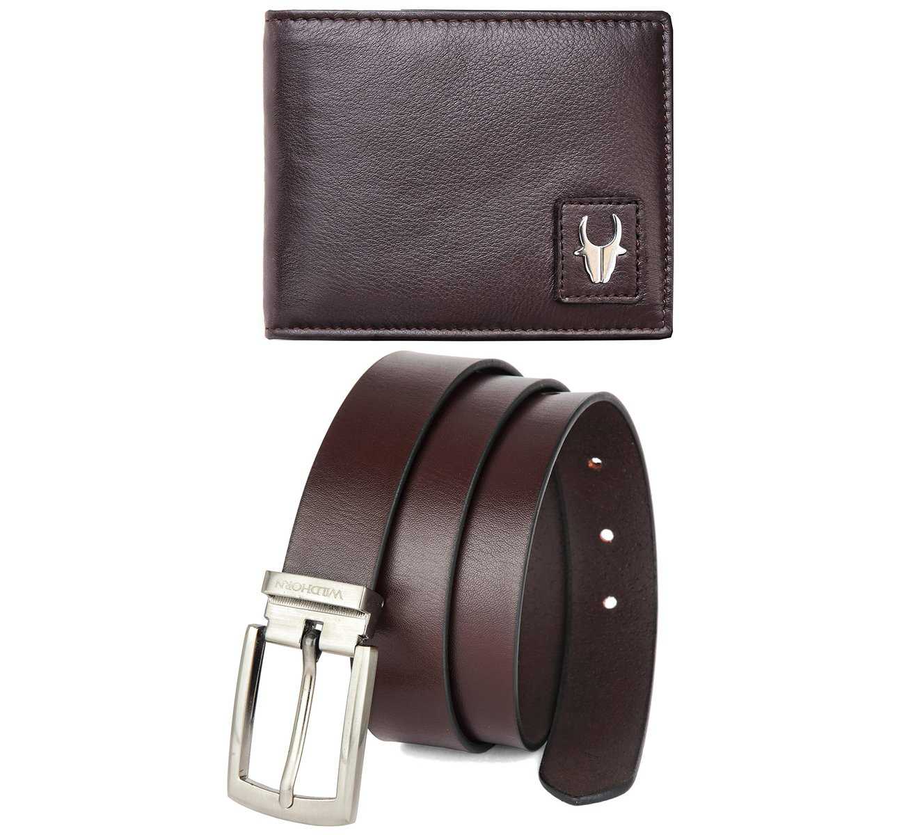 WildHorn Classic Brown Leather Wallet & Belt Combo I Gift Hamper for Men