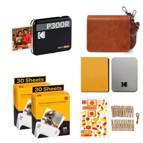 KODAK Retro Mini Portable Photo Printer (3×3 inches) + 68 Sheets Gift Set, Black.