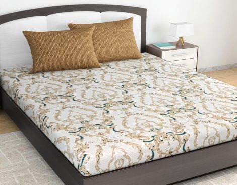 Vibrant Tiger’s Eye Kalamkari Retro Double Bedsheet with 2 Pillow Covers, made of 100% cotton.