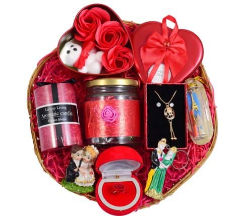 Valentine’s Day surprise for your loved one: MANTOUSS gift set with chocolates, jewelry, candles, card, roses, and teddy.