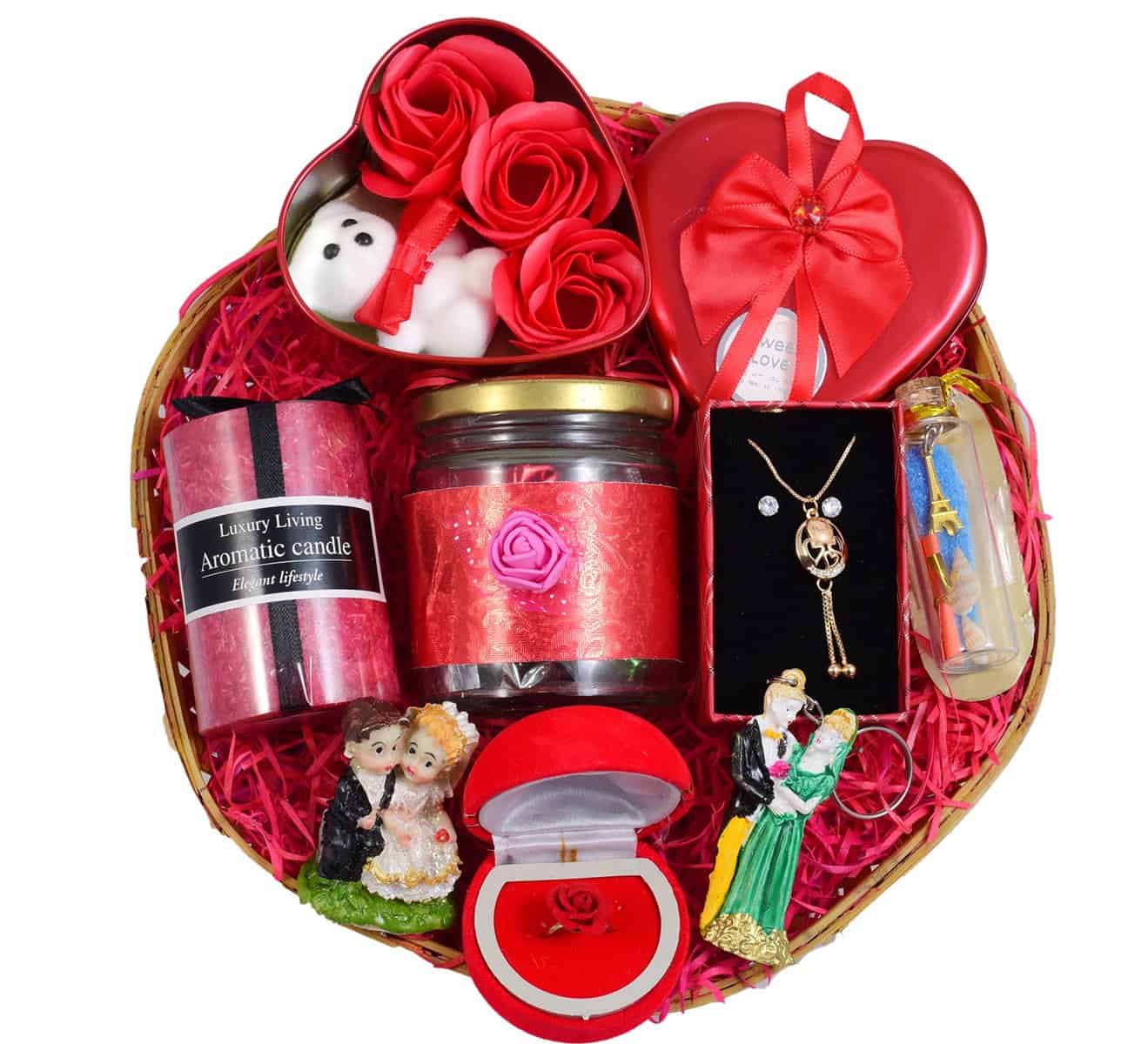 MANTOUSS Valentines Day gift for girlfriend/boyfriend/Jar of 8pcs chocolate+Jwellery set+aromatic candle+card+Message bottle+3pc rose and Teddy bear in heart shaped box,800 g