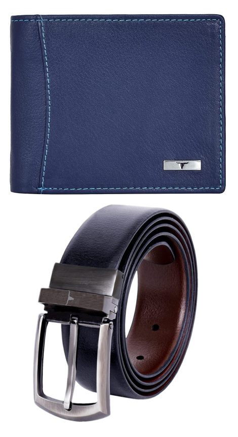 Urban Forest Combo Gift Set for Men: Ostin Blue Wallet and Black/Brown Reversible Leather Belt.