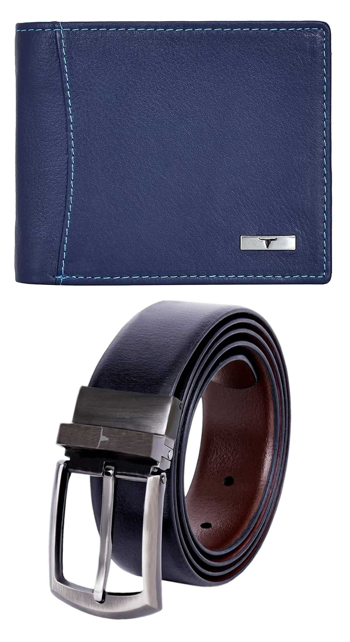 URBAN FOREST Ostin Blue Leather Wallet & Black/Brown Reversible Leather Belt Combo Gift Set for Men