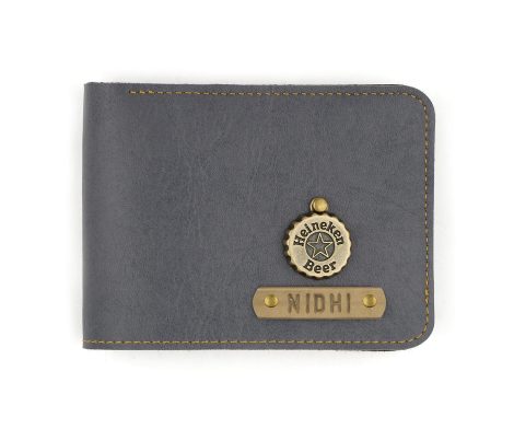 The Personalized Name Wallet for Men with Charms, an ideal birthday present, made of Junket Grey Leather.