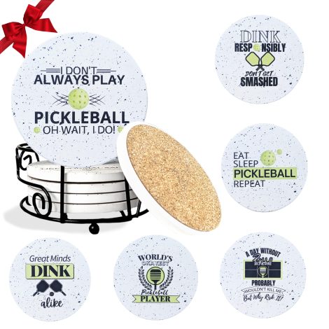 KCT Store amusing Pickleball presents for both genders – 6 absorbent coasters with metal holder & gift-ready packaging.