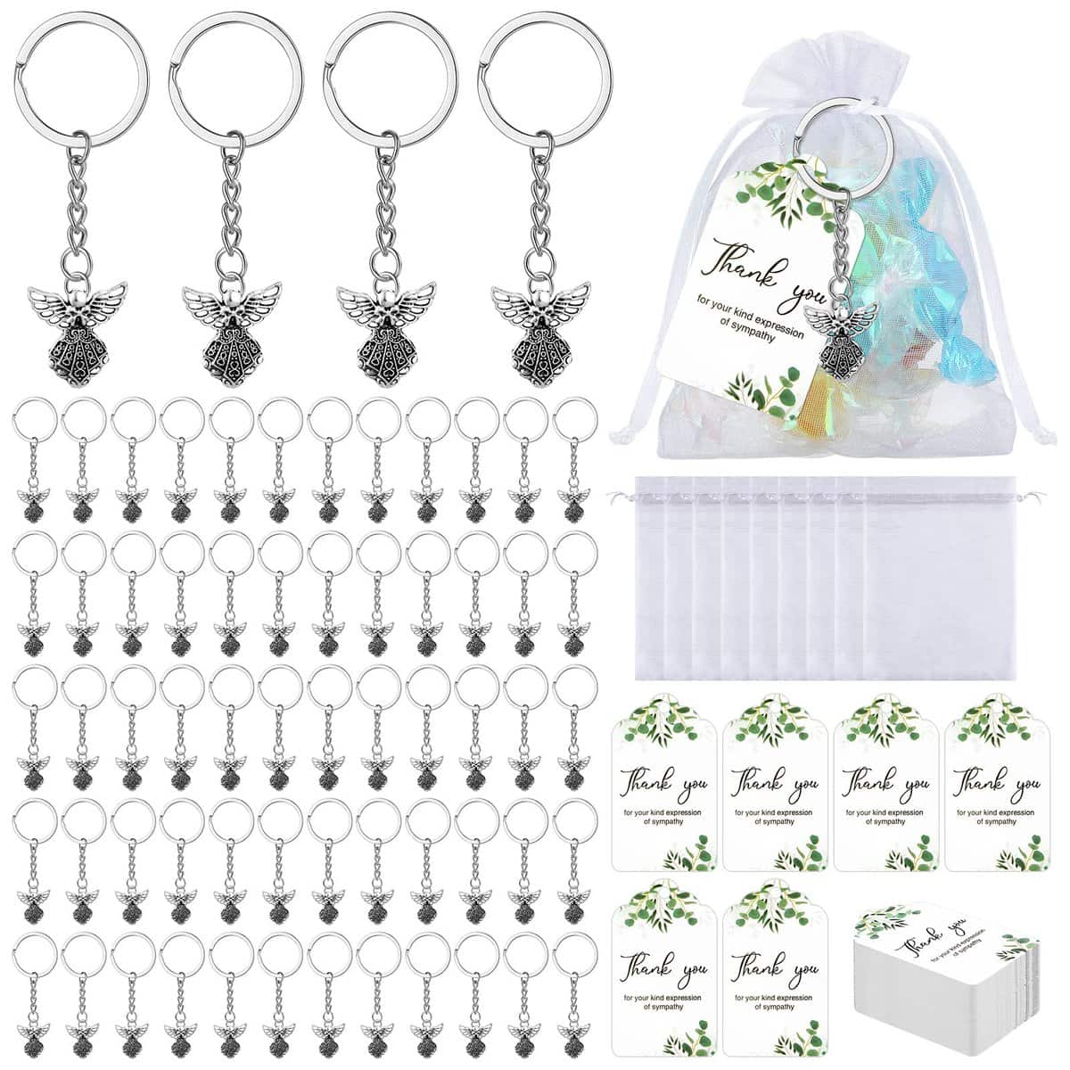 Hicarer 180 Pcs Funeral Favors Thank You Set 60 Pcs Angel Charm Keychain Angel Key Ring 60 Pcs White Organza Bags 60 Pcs Sympathy Thank You Cards Tags for Funeral Memorial Party Guests Gifts