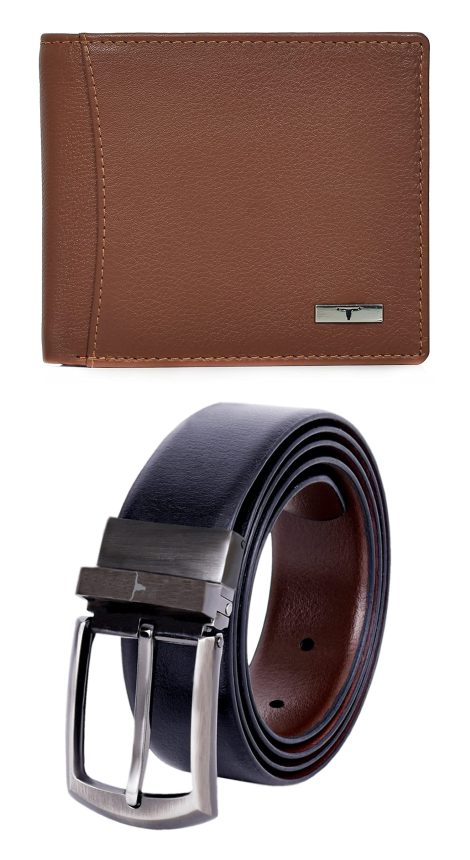 URBAN FOREST Ostin Redwood Leather Wallet & Black/Brown Reversible Leather Belt – Men’s Combo Offer