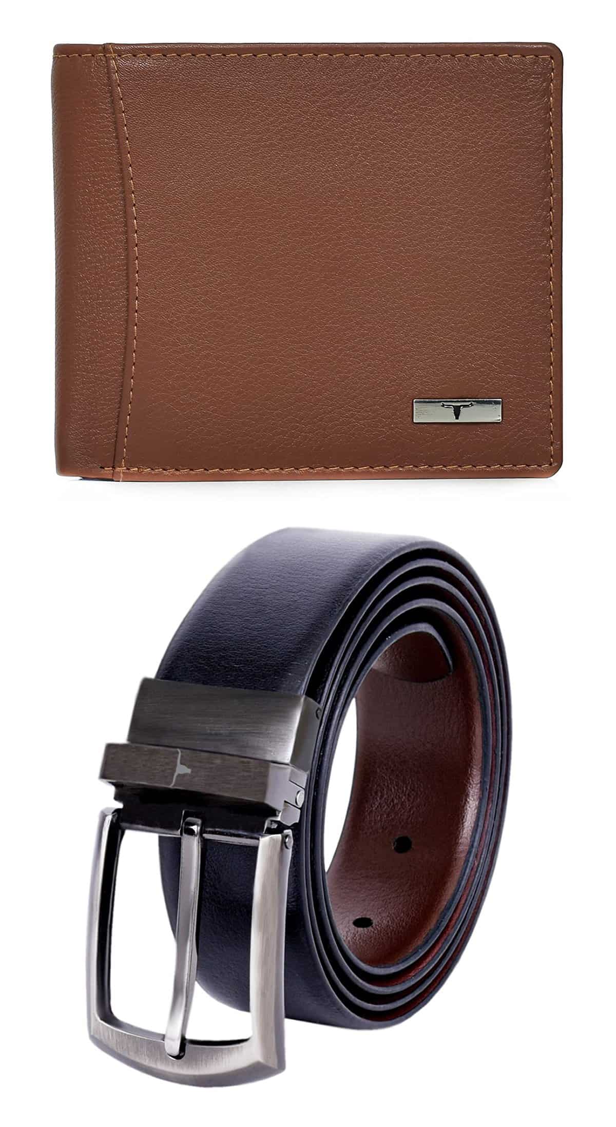 URBAN FOREST Ostin Redwood Leather Wallet & Black/Brown Reversible Leather Belt Combo Set for Men