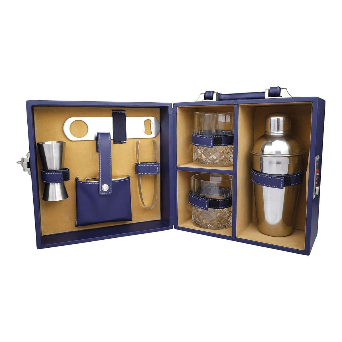 Anything & Everything Bar Accessories | Mini Bar Set | Portable Leatherette Briefcase Bar Set | Bar Set | Bar Set for Picnic | Bar Set for Travel | Bar Set for car | Whiskey Glasses (Blue & Beige)