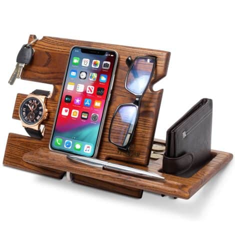 Solid Wood Phone Docking Station and Key Holder with Wallet Stand and Watch Organizer. Ideal gift for men.