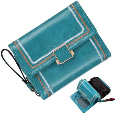 GSG Petite RFID Blocking Ladies Wallet – Compact, Leather Bifold with Coin Pocket, Teal, Vintage